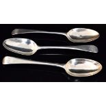 Three George III hallmarked silver table spoons, Old English pattern, length 21cm, total weight 6.