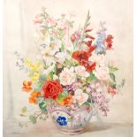 DORCIE SYKES (1908-1998) - Roses and other summer flowers in a vase, watercolour, signed, framed,
