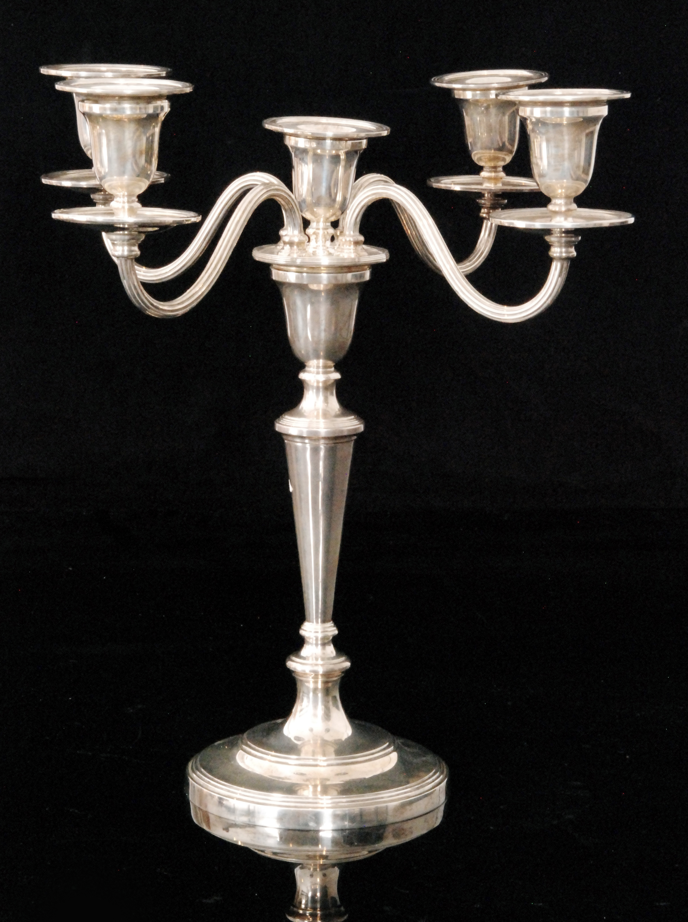 A mid 20th Century hallmarked silver four branch candelabra, central tapering column,