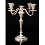 A mid 20th Century hallmarked silver four branch candelabra, central tapering column,