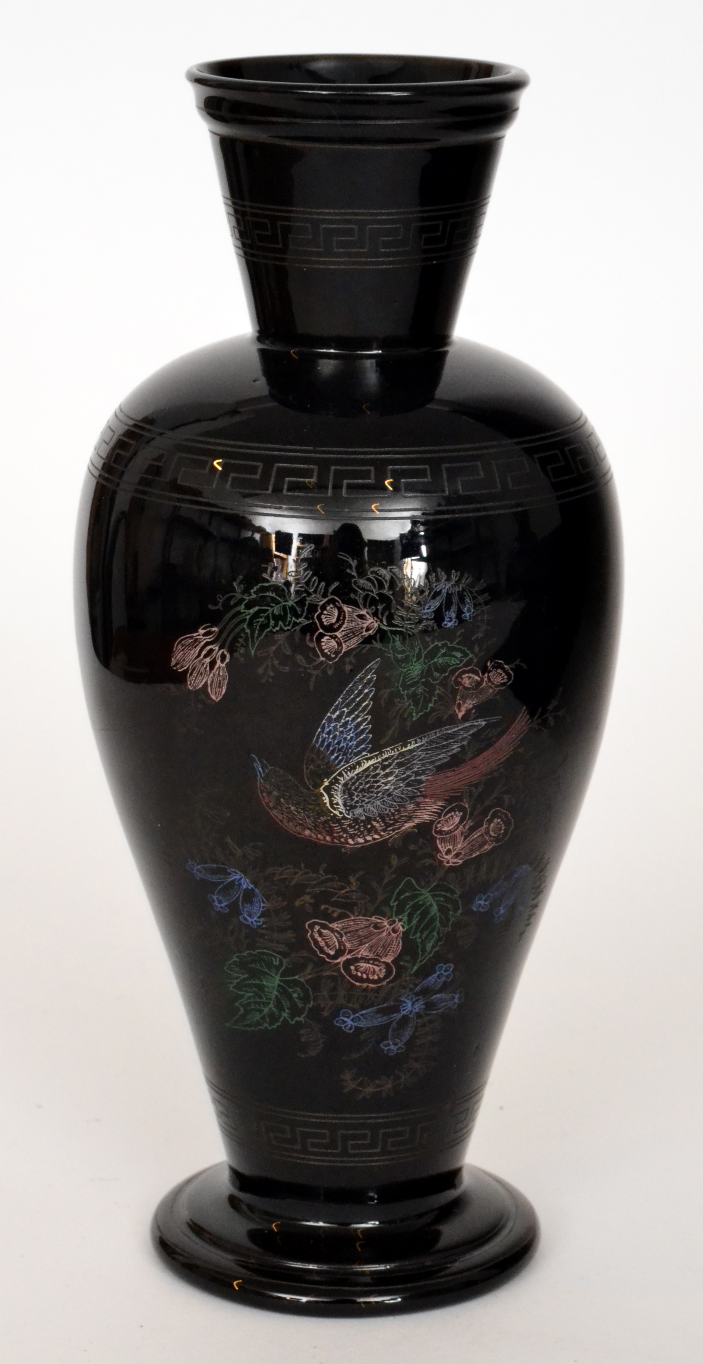 A late 19th Century black glass vase of footed shouldered ovoid form with flared collar neck, - Image 2 of 2