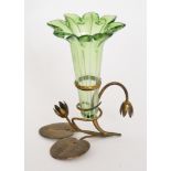 A late 19th Century Stourbridge glass table centre epergne vase with a single green glass trumpet