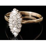 A 9ct hallmarked diamond marquise cluster ring comprising of thirteen pave set brilliant cut stones,