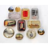A collection of assorted glass paperweights incorporating advertising examples to include 'Ediswan'
