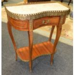 A 20th Century Louis XVI style brass gallery top kidney shaped side table with pink veined marble