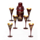 A Chinoiserie lacquer cocktail set comprising a cocktail shaker and six glasses,