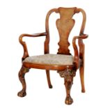 A 20th Century George I style walnut elbow chair,