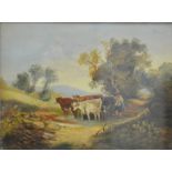 FOLLOWER OF WILLIAM SHAYER (1787-1879) - A drover with cattle watering in a pond, oil on board,