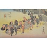 AFTER UTAGAWA HIROSHIGE - Porters loading provisions, woodblock print, framed,