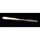 A Victorian hallmarked silver three pronged pickle fork with mother of pearl handle, length 21cm,