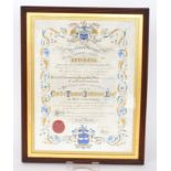 A hand painted illuminated certificate for the worshipful company of Butchers awarded to Charles