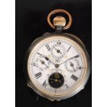 An early 20th Century gun metal Swiss open faced, crown wind, calendar pocket watch,