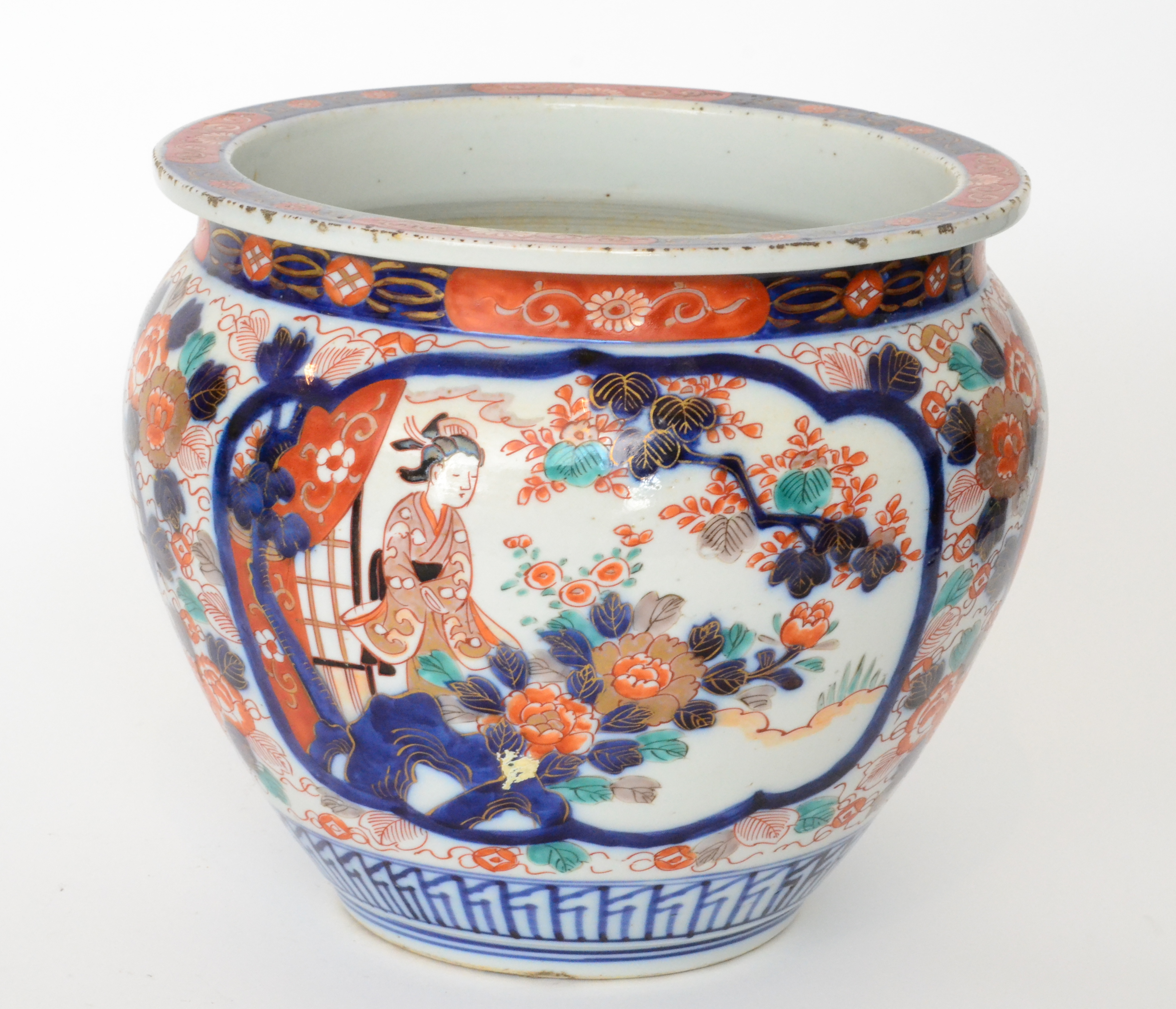 A 20th Century Japanese jardiniere decorated in the Imari palette with panel scenes of women sat