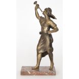 A late 19th Century painted spelter figure of a female blowing a horn, on variegated marble base,