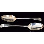 Two 18th Century hallmarked silver tablespoons, Old English pattern with monogrammed terminals,