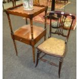 A Victorian style mahogany two tier whatnot and a small spindle back nursing chair (2)