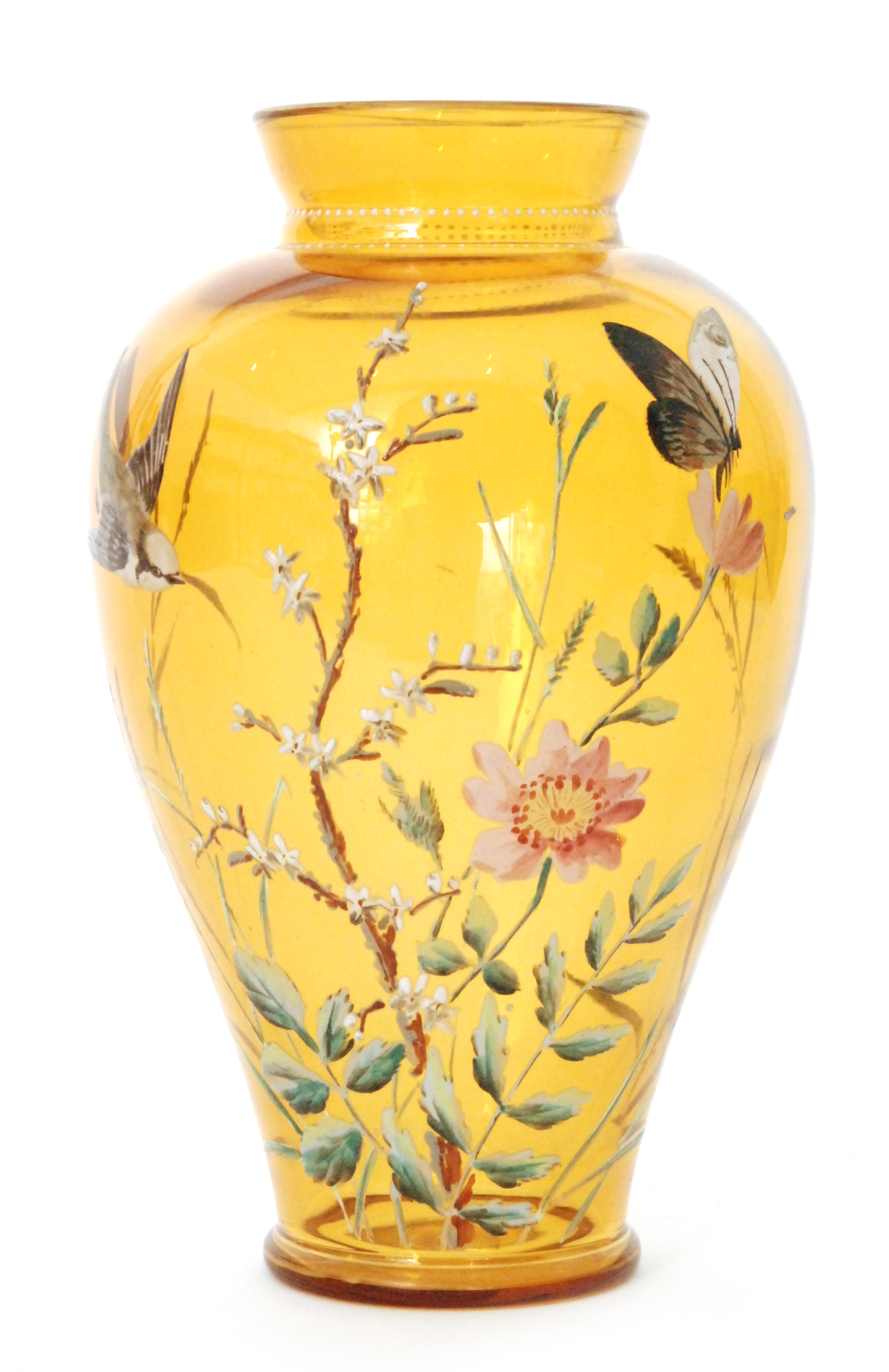 A late 19th Century Continental glass vase of shouldered ovoid form with flared collar neck,
