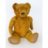 A mid 20th Century English golden plush Teddy bear with stitched snout and velvet paws, height 68cm.