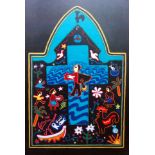 A crewel work embroidery with various Mexican motifs against a black felt ground, framed,