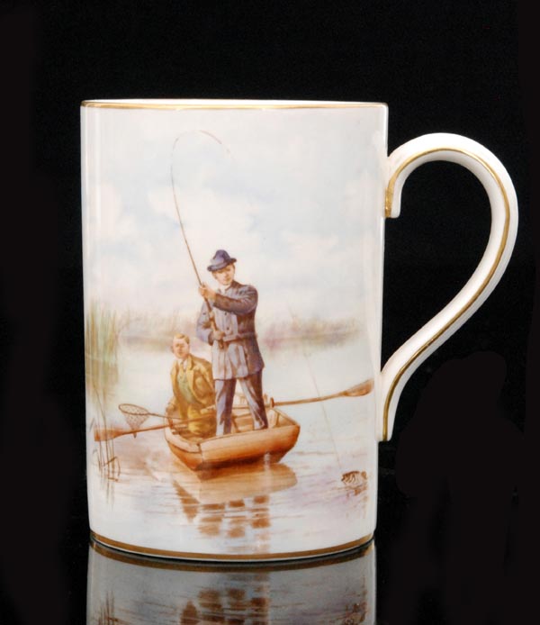 A Royal Crown Derby tankard, the body decorated with a hand tinted scene of two fisherman,