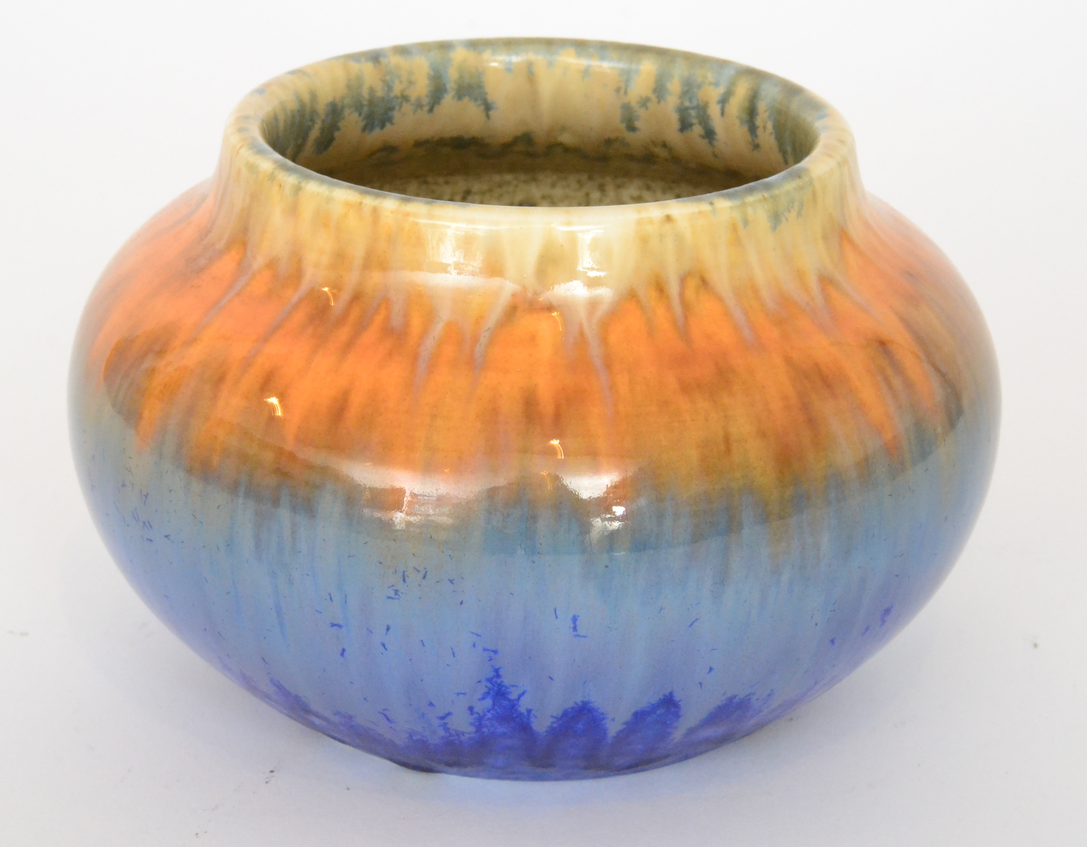 A Ruskin Pottery crystalline glaze bowl or jardiniere of ovoid form with a collar neck,