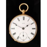 An 18ct keywind open faced pocket watch, the white enamelled dial with Roman numerals,