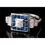 An 18ct hallmarked white gold Art Deco style sapphire and diamond cluster ring,