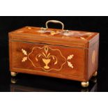 A 19th Century inlaid mahogany tea caddy decorated with primitive flowers centred with vases on
