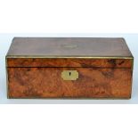 A 19th Century brass banded figured walnut writing box with fitted interior inset with inscription