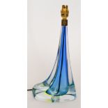 A post-war Italian Murano Sommerso glass table lamp of asymmetrical form with drawn tapered column,