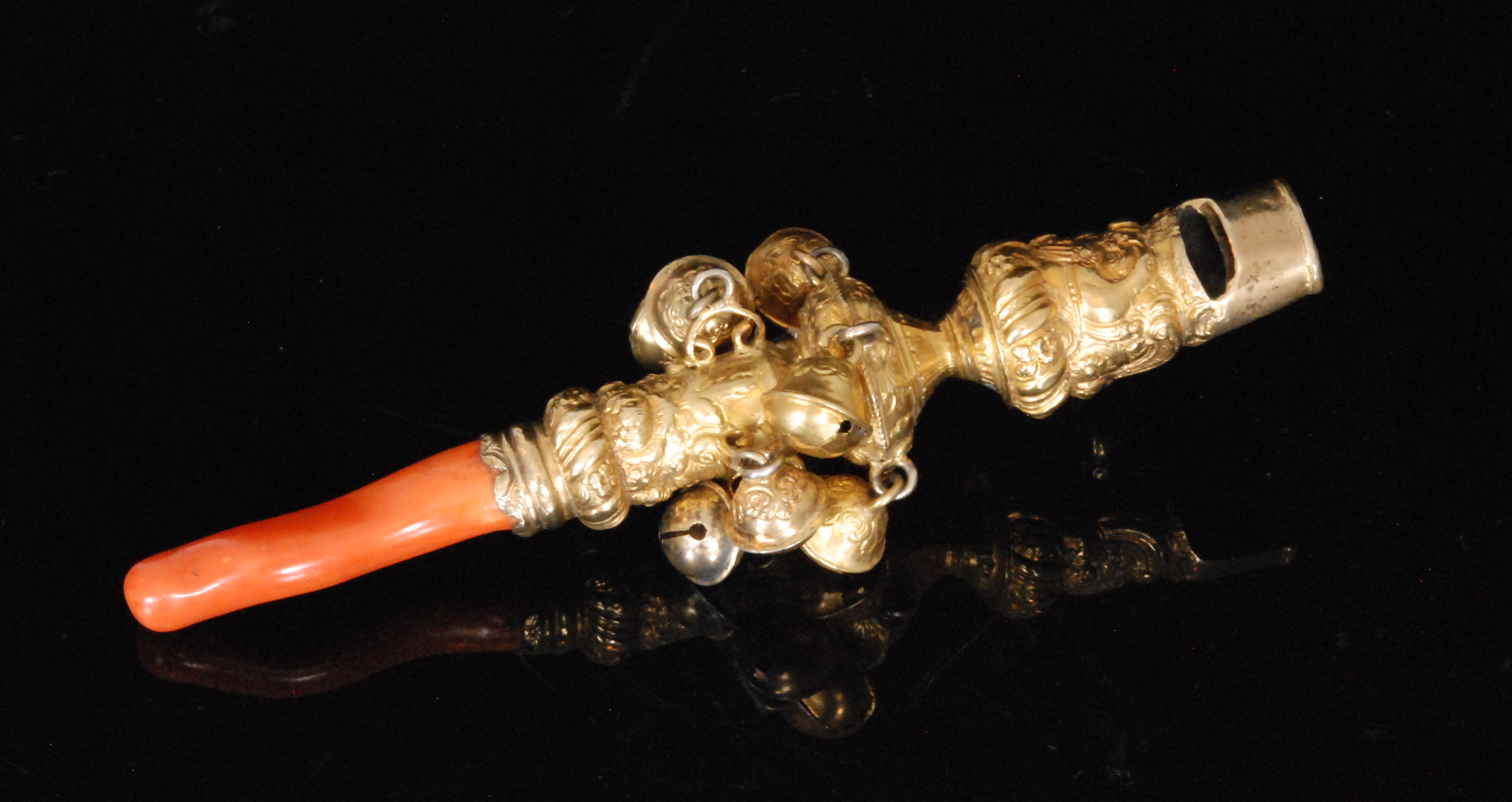 A George II gilt metal baby's teething rattle,