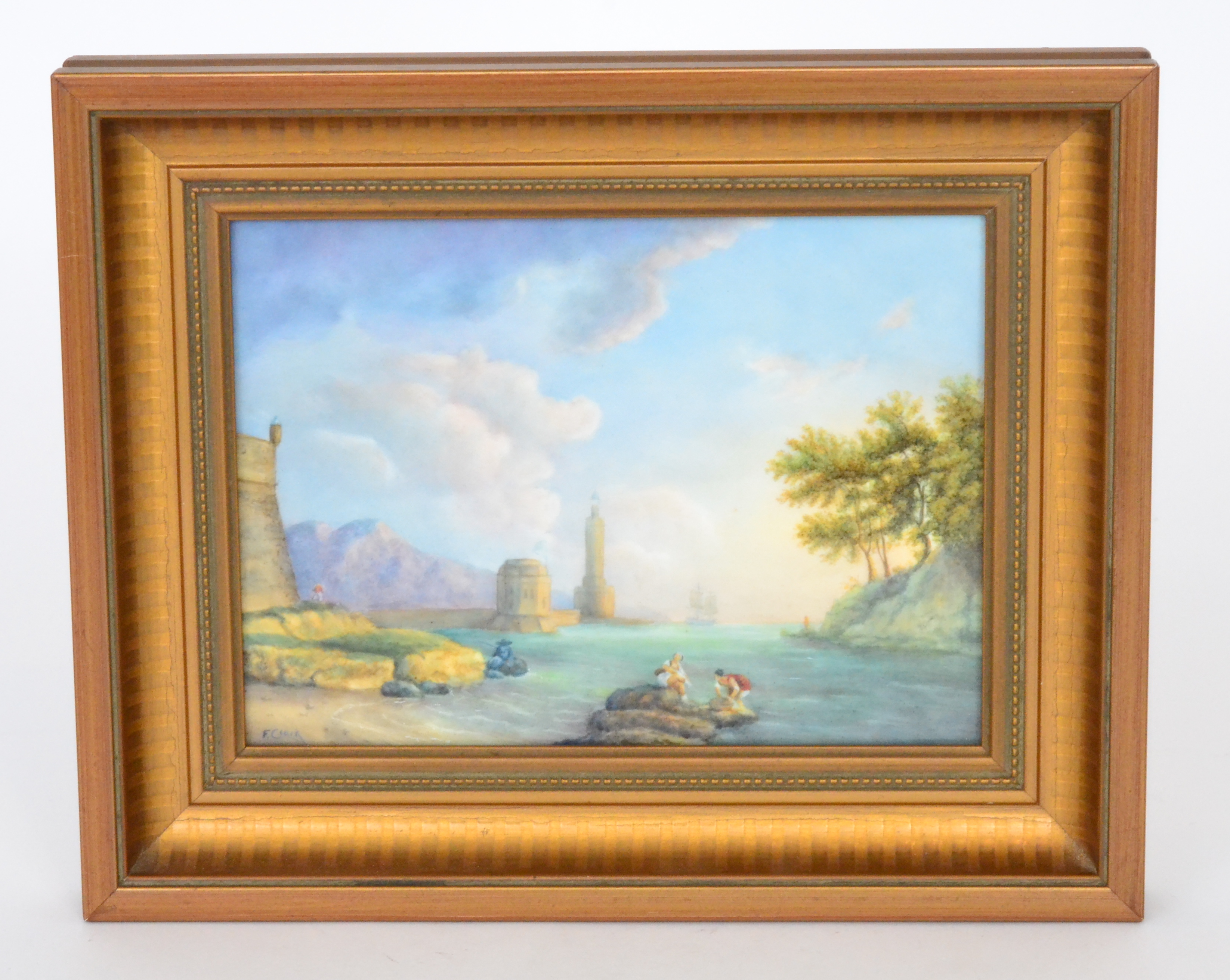 A framed porcelain plaque painted by Royal Worcester artist Francis Clark depicting an Italianate