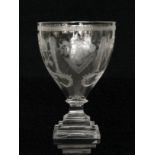 A late Georgian crystal glass rummer circa 1800 with pointed round funnel bowl engraved with