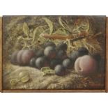 OLIVER CLARE (1853-1927) - Grapes and a peach, oil on panel (painted on the lid of a cigar box),