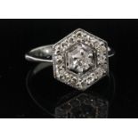 An 18ct white gold hexagonal shaped diamond cluster ring,