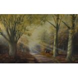 MICHAEL BEDDOWS (1931-2005) - A stag on a woodland track, oil on canvas, signed, framed,