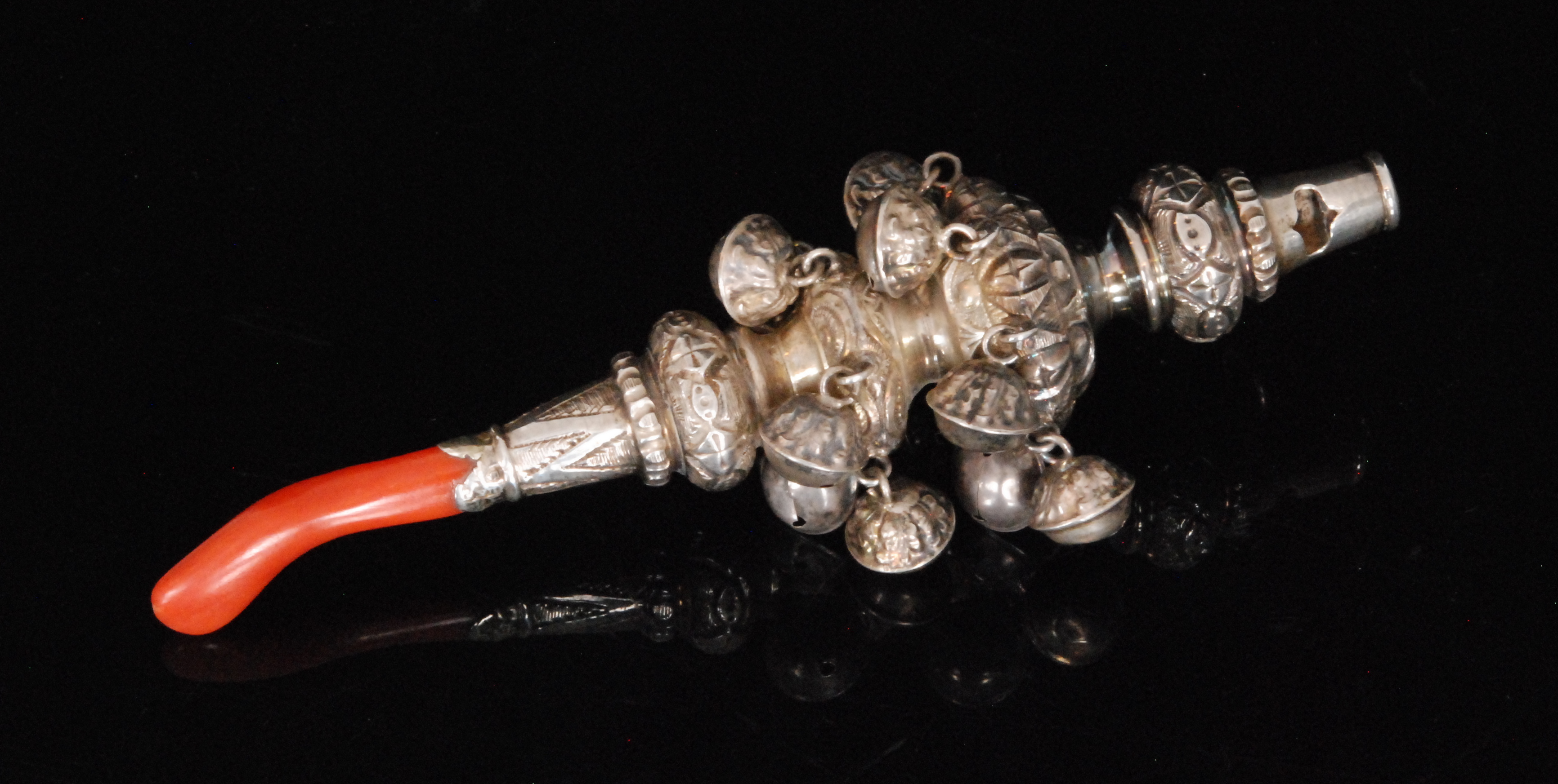 A Victorian silver baby's teething rattle,