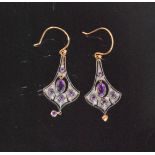 A pair of Edwardian style amethyst and diamond drop earrings,