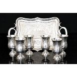 A Russian silver tray and six silver Kiddush cups,