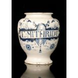 An late 17th to early 18th Century Delft dry drug jar, probably Bristol,
