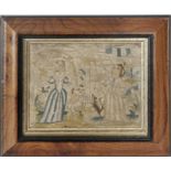 A 17th Century needlework panel work with a lady in blue holding a sword aloft stood opposite a
