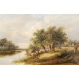 JOSEPH THORS (1843-1898) - Figures in a wooded river landscape, oil on canvas, signed,
