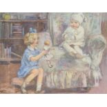 KATE ELIZABETH OLVER (1881-1960) - Playing with baby, watercolour, signed, framed,