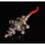 A Victorian silver baby's teething rattle, plain whistle initialled J.H.P.