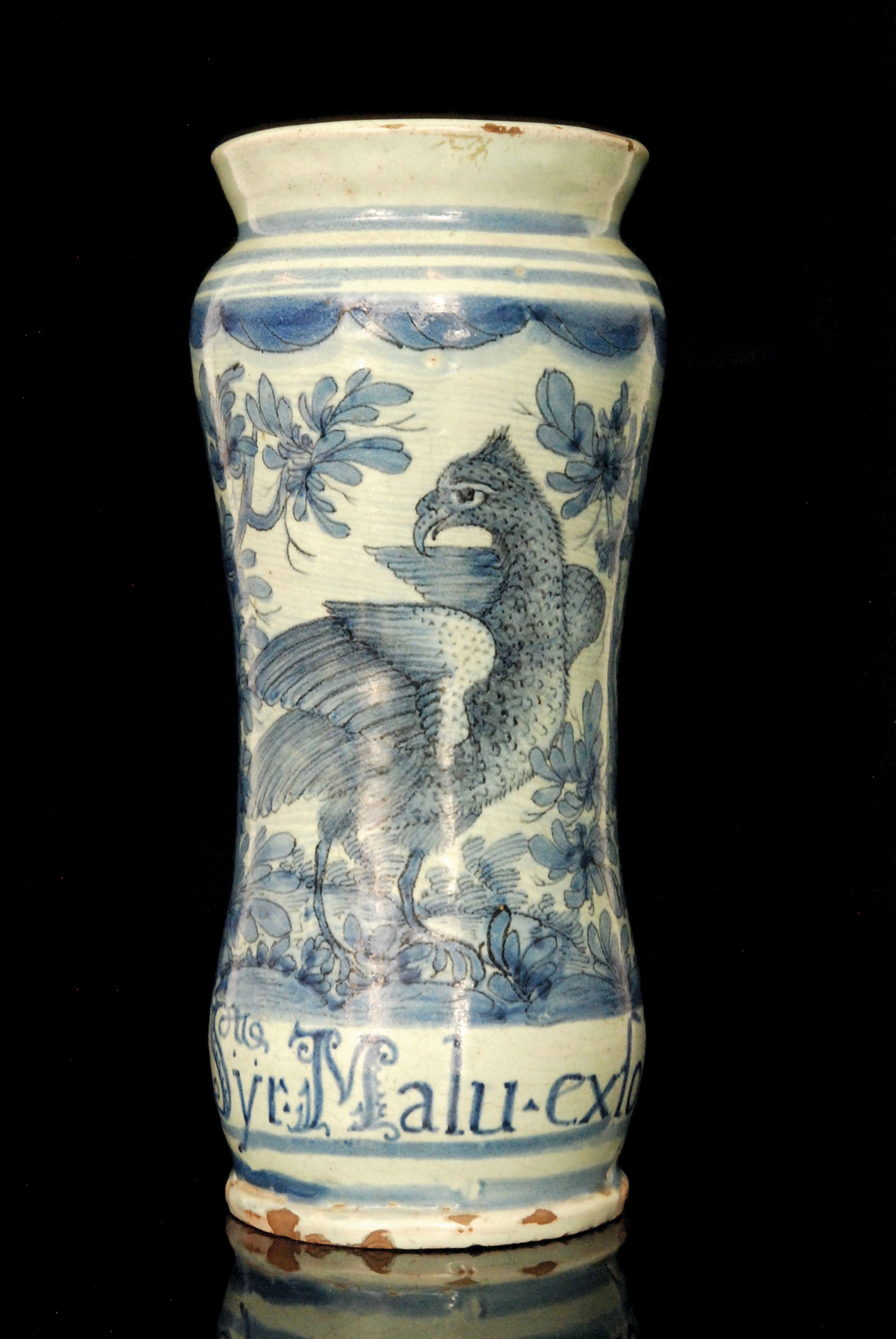 A late 17th Century maiolica albarello, possibly Savona,