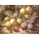 OLIVER CLARE (1853-1927) - Grapes, plums and peaches on a mossy bank, oil on board, signed, framed,