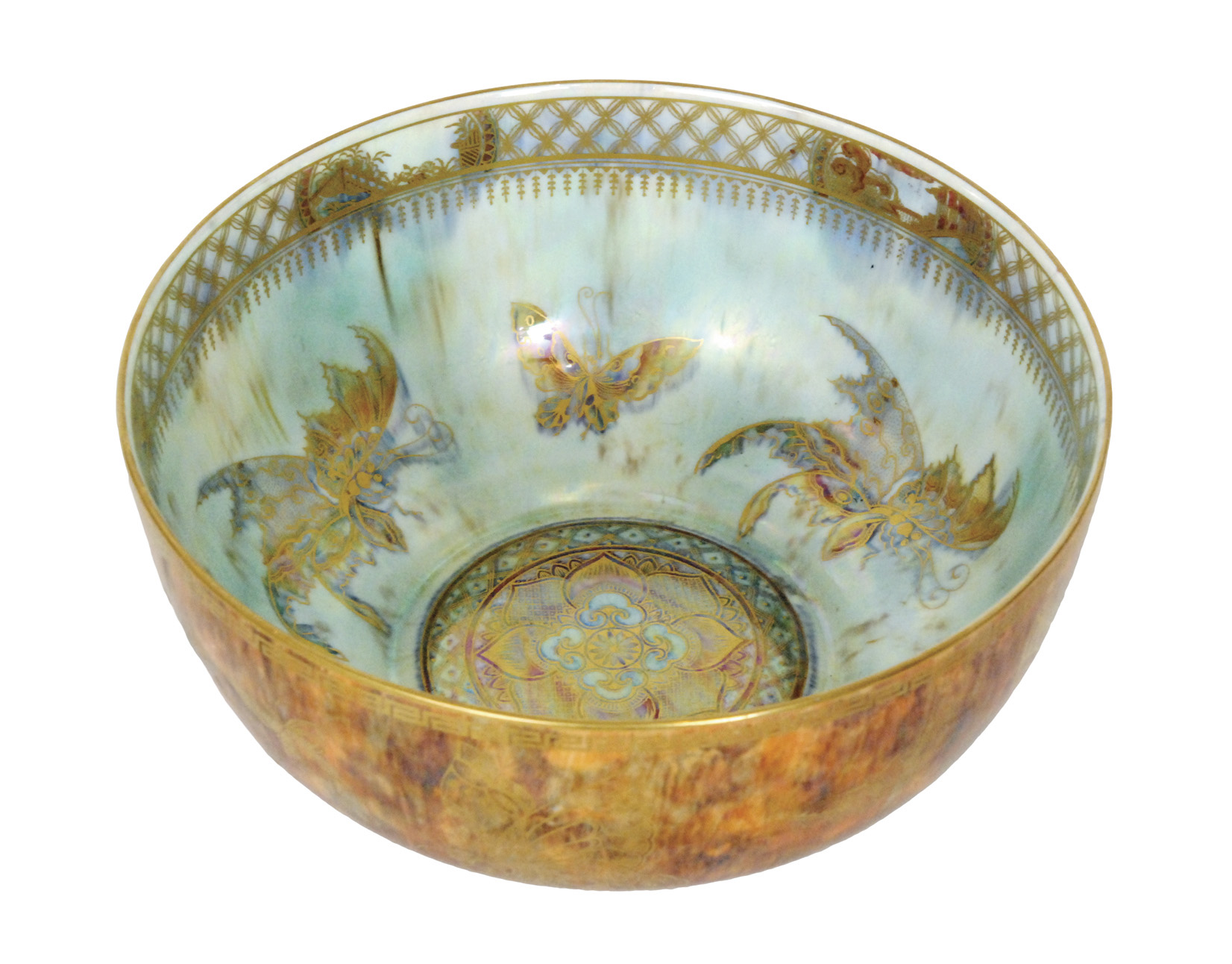 A large 1920s Wedgwood lustre bowl of footed circular form decorated with gilt moths and