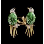A French gold, diamond and sapphire brooch formed as two love birds on a branch,