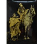 FRENCH SCHOOL (20TH CENTURY) - A cavalryman in conversation with a peasant, enamel on copper,