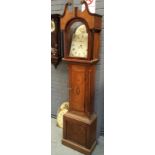 A 19th Century oak and mahogany longcase clock and hood together with three associated painted